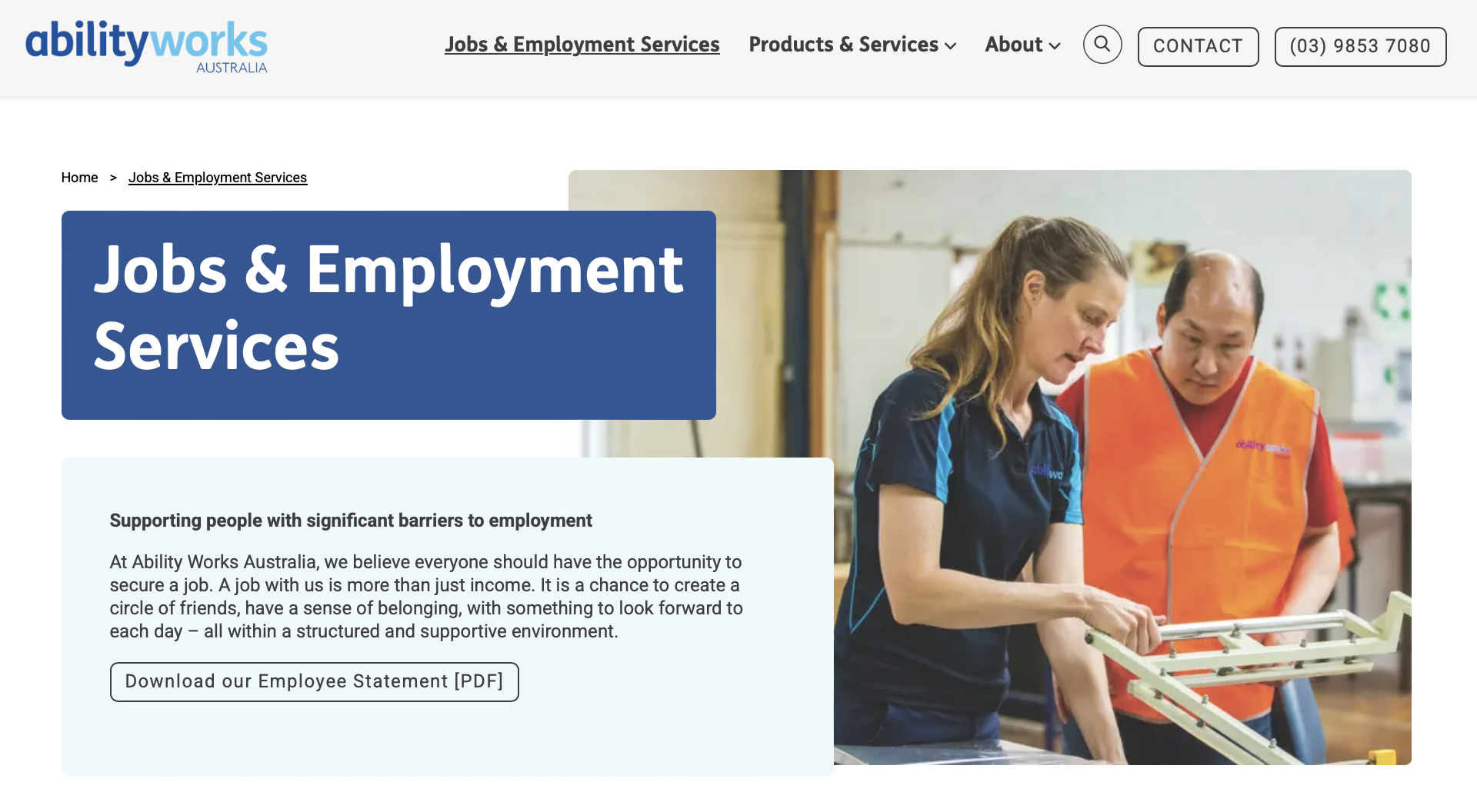 Jobs & Employment Services page of Ability Works Australia website