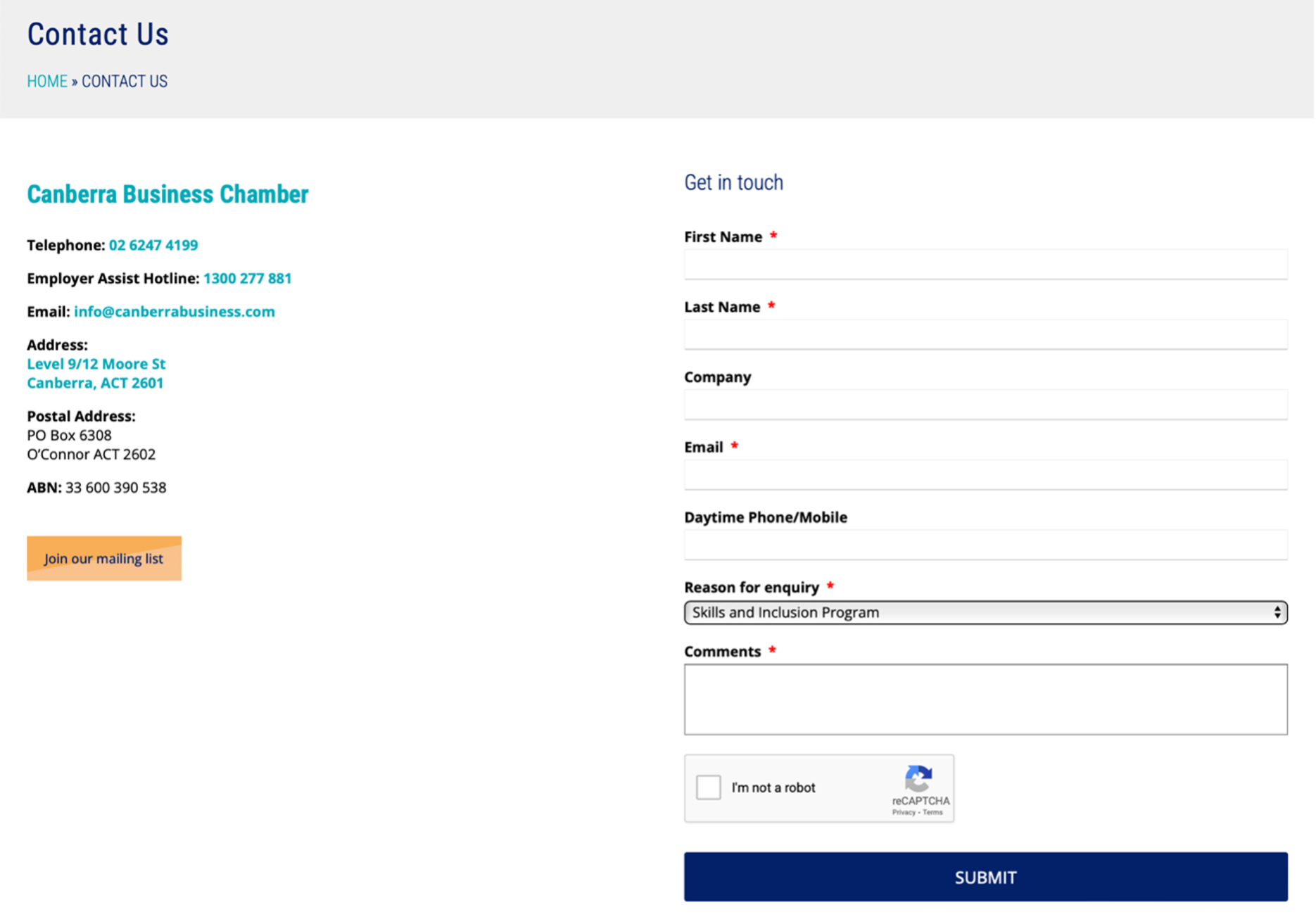 Contact Us page of the Canberra Business Chamber website, showing the contact information and the form