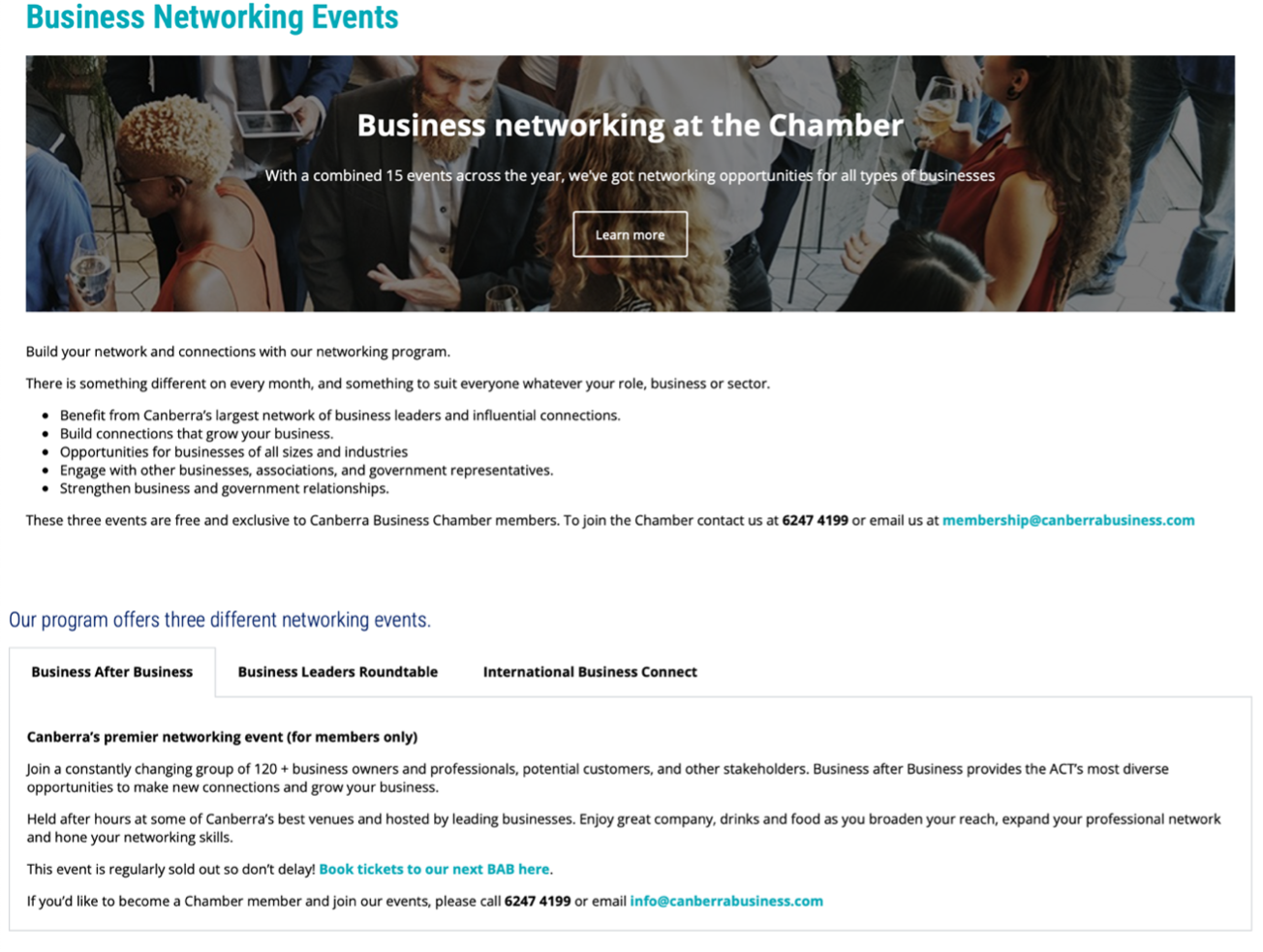 Business Networking Events page of the Canberra Business Chamber website