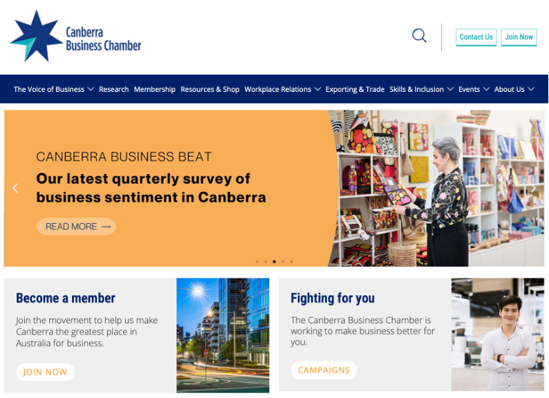 Home page of the Canberra Business Chamber website