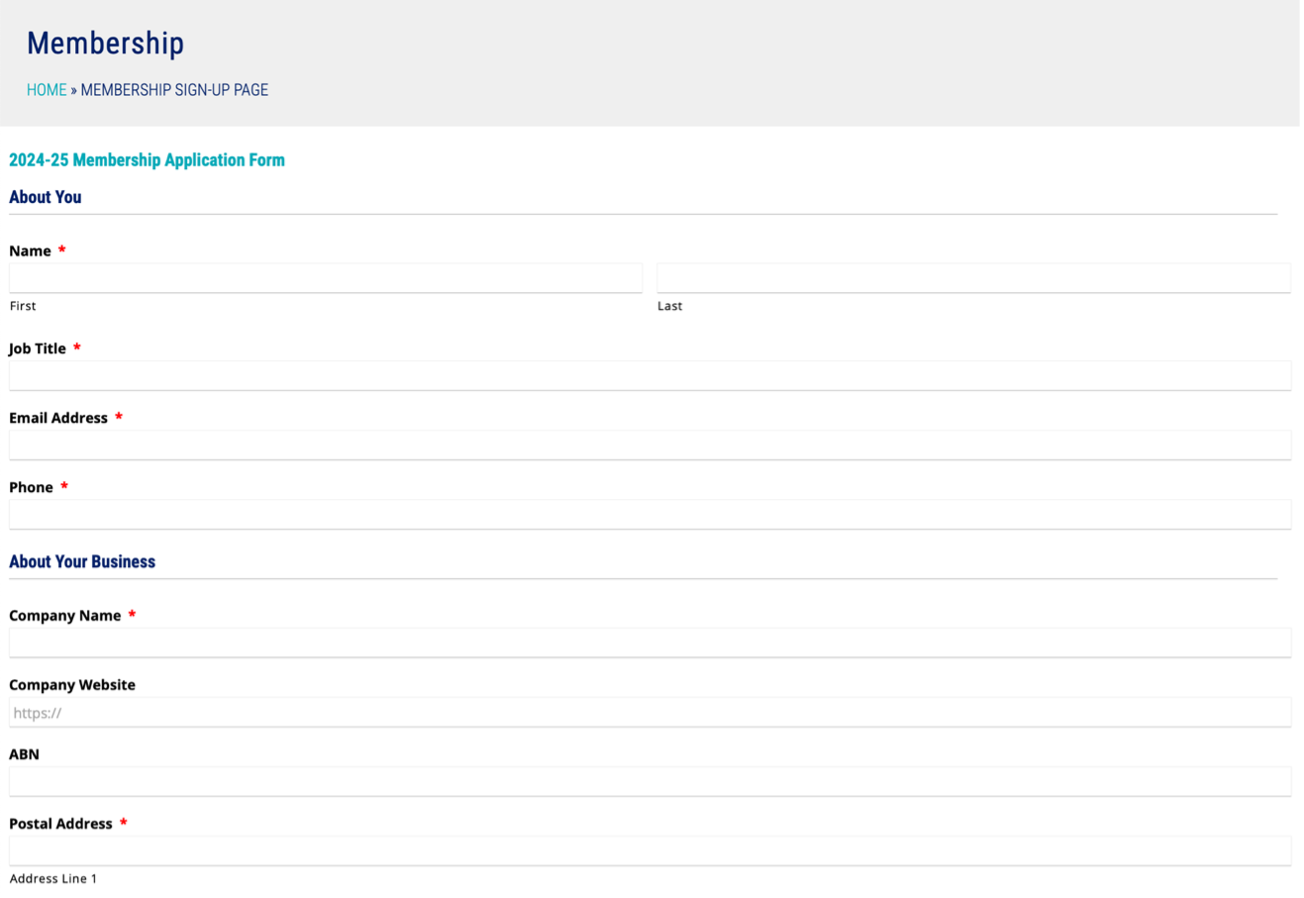 Membership signup page of the Canberra Business Chamber website