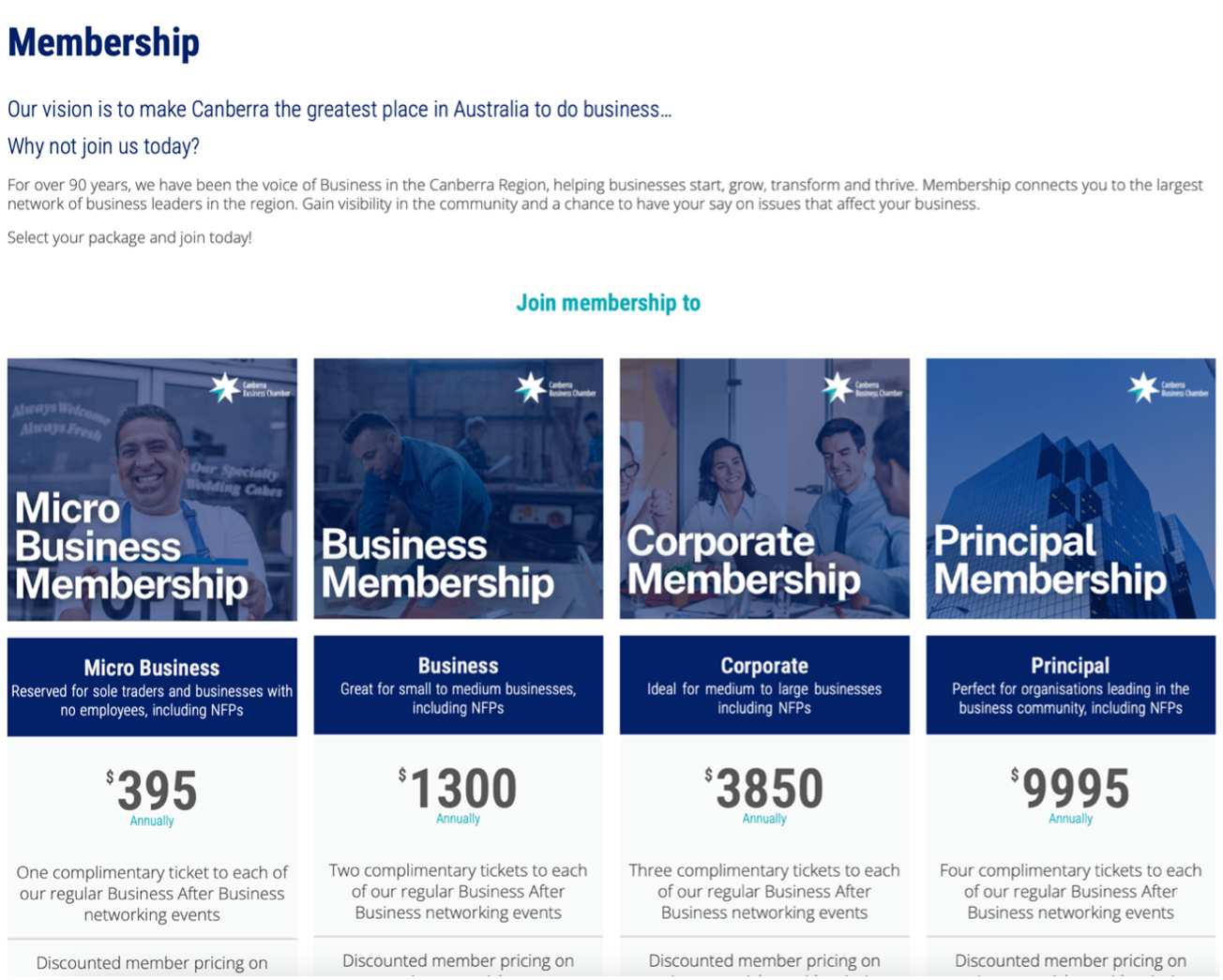 Membership selection page of the Canberra Business Chamber website