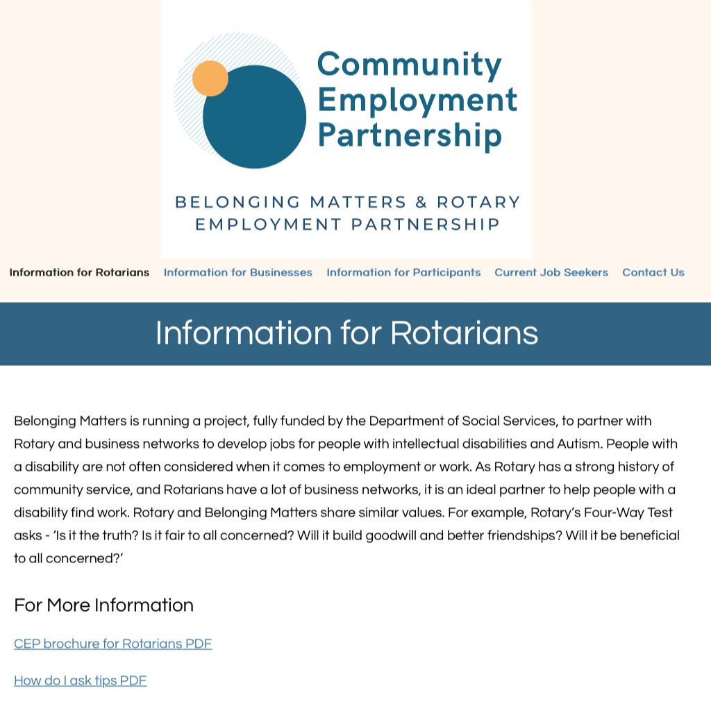 Information for Rotarians page of the Community Employment Partnership website