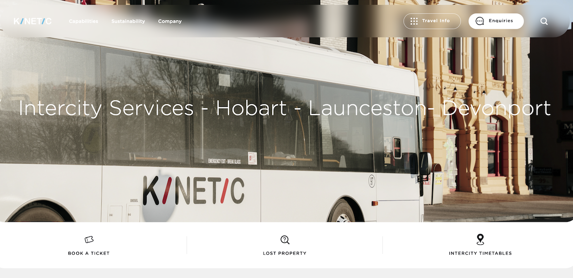 Home page of the Kinetic Intercity Tasmania website