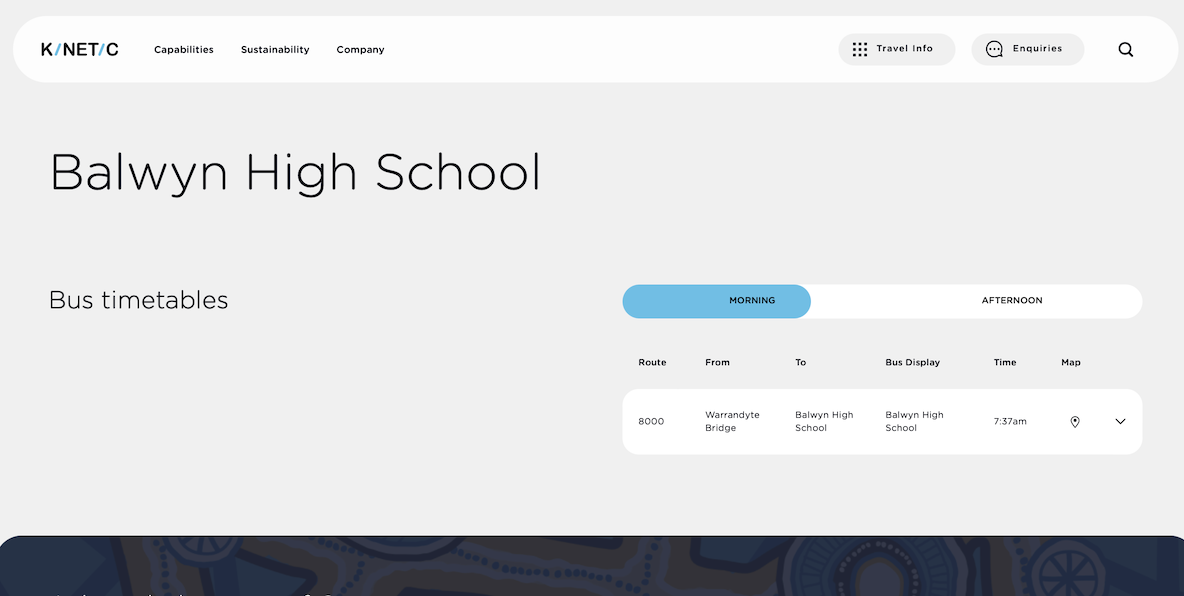 School bus timetable page of the Kinetic Transport website