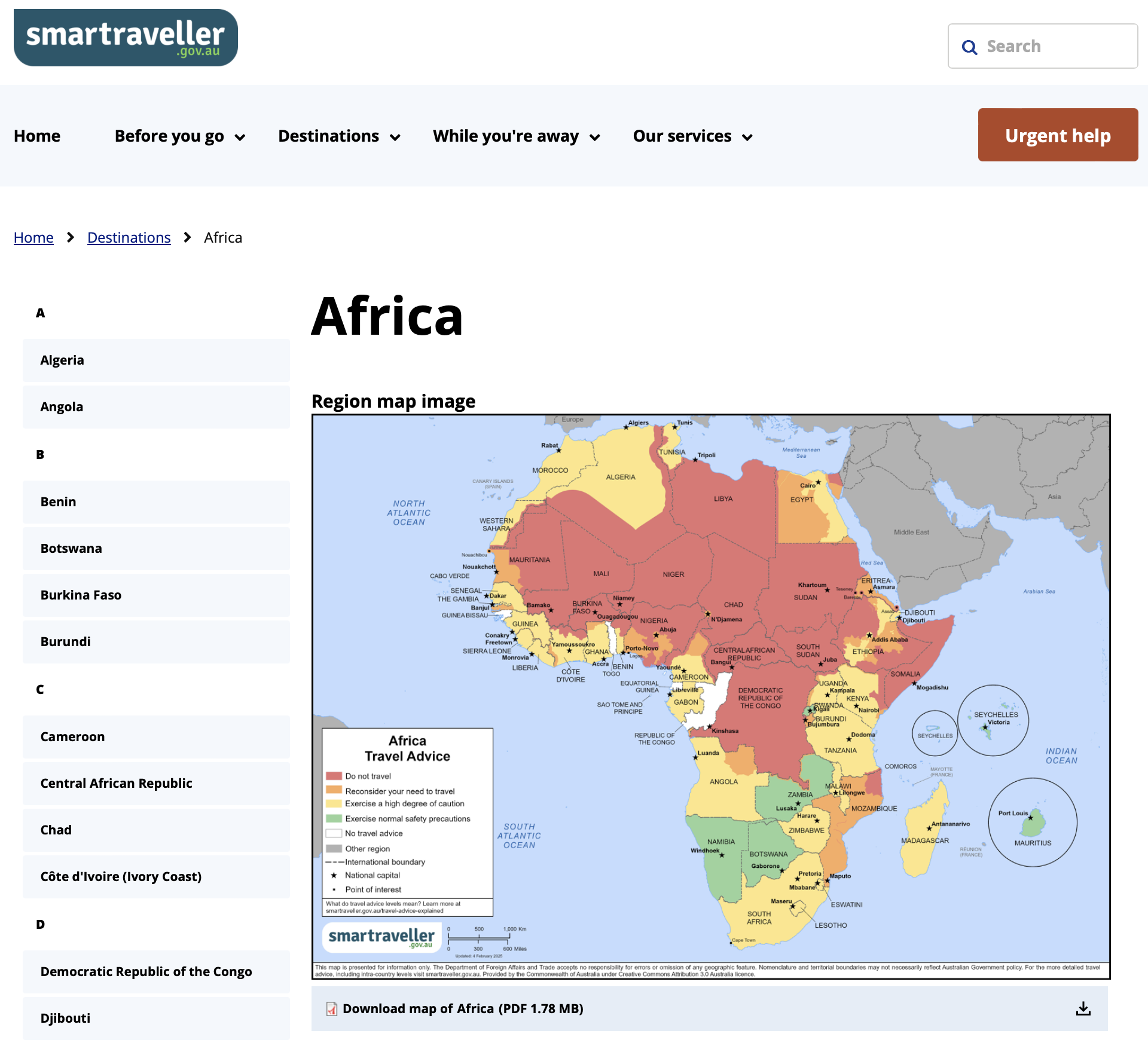 African continent page of the Smartraveller website