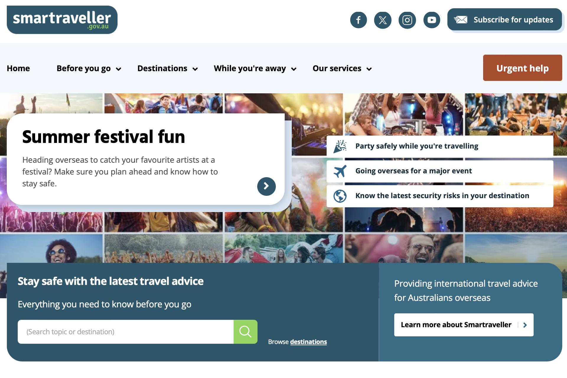 Home page of the Smartraveller website