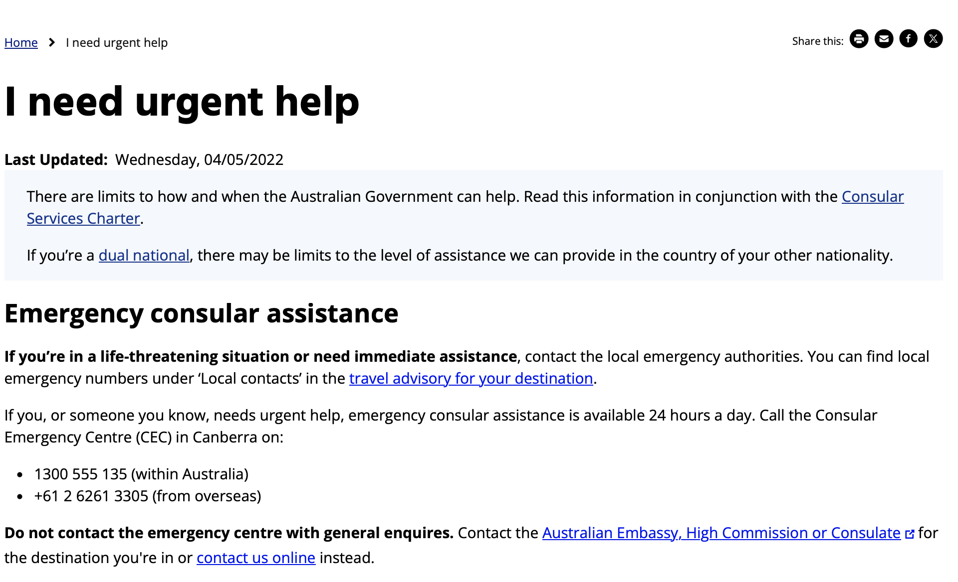 I need urgent help page of the Smartraveller website
