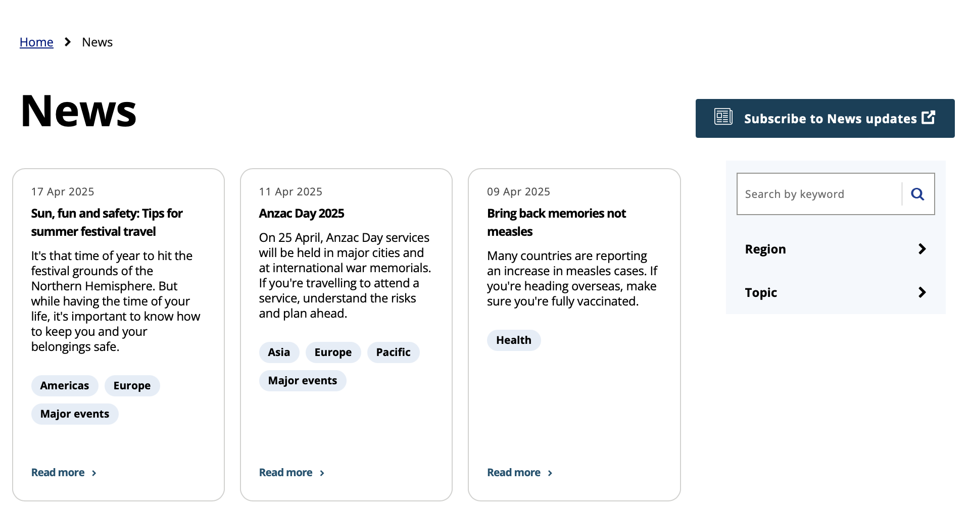 News page of the Smartraveller website