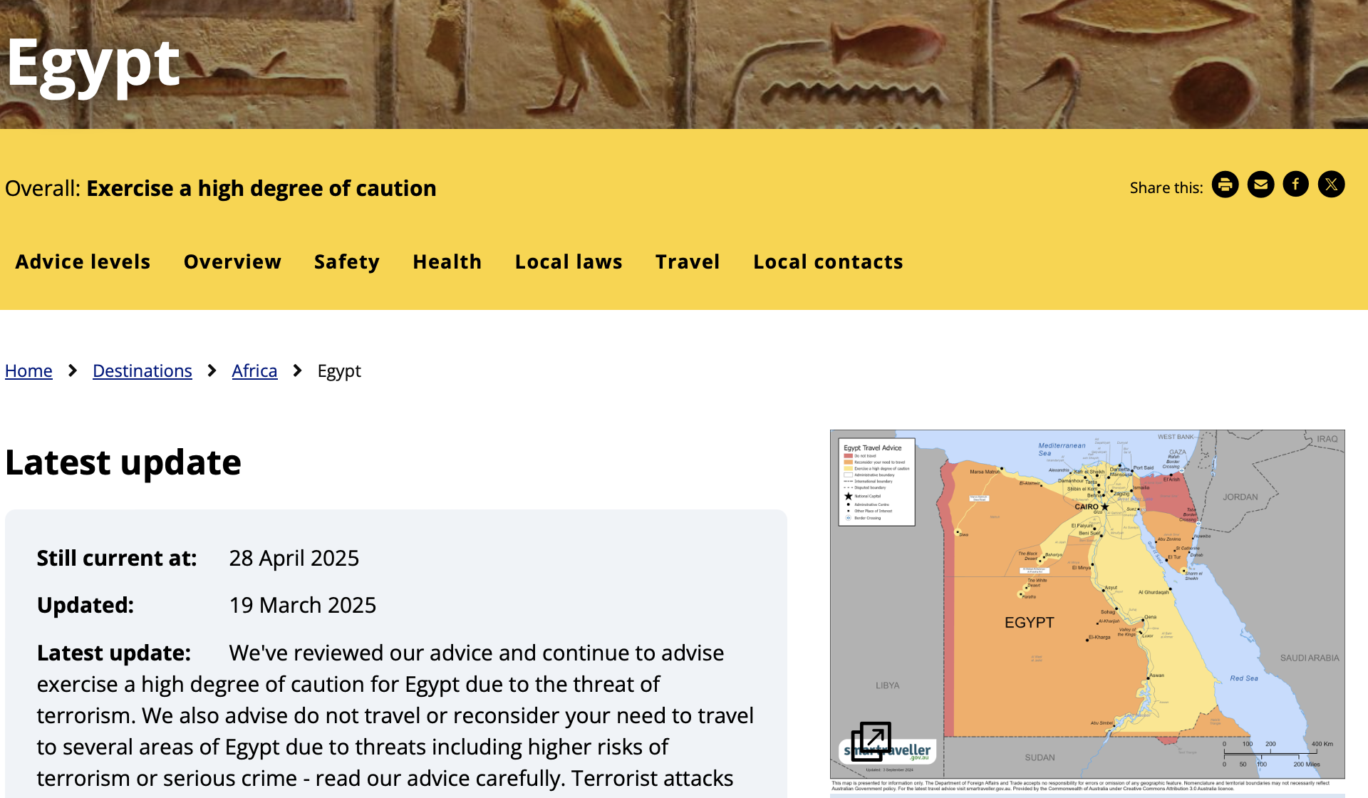 Egypt travel advice page of the Smartraveller website